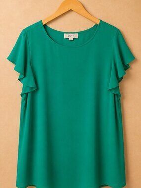 LOFT Kelly Green Flutter Sleeve Blouse XL Flowy Chiffon Top